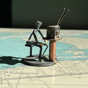 Handmade Metal Assemblage Man Watching TV Mini Sculpture